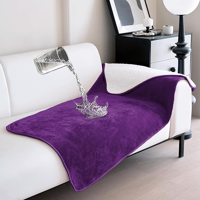 gogobunny Dog Blanket, Waterproof Reversible Sherpa Fleece Throw Blanket, Furniture Cover for Bed, Couch, Sofa Protection from Liquid Pee and Pet Fur of Puppy, Cat (Dark Purple, 30x70 inches)