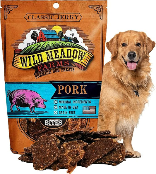 Wild Meadow Farms - Classic Pork Bites, Soft Jerky Treats for Dogs, Grain-Free & All-Natural, Ideal for Training, Portioning, and High-Value Rewards for All Breeds & Ages - 3.5 Ounce Pouch