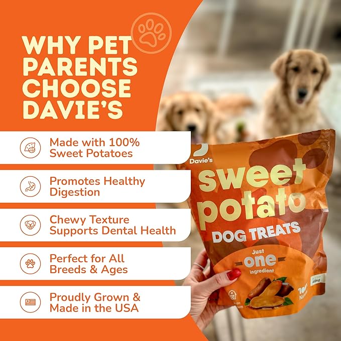 Davie's Sweet Potato Dog Treats - Healthy Treats Made in USA Only, Natural Treats, Healthy Dog Chews, Low Fat Treats, 0.5 lb. Bag