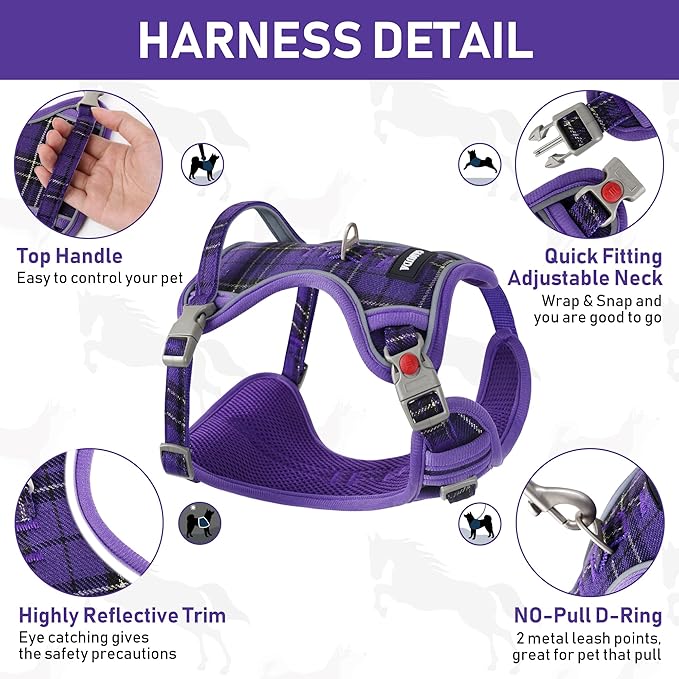 GAMUDA Dog Harness Collar and Leash Set, Dog Harness, No Chock No Pull Adjustable Vest Harnesses Plaid Reflective for Medium Dog, Cat, Small Horse, Small Bull and Pig (Purple, XL)
