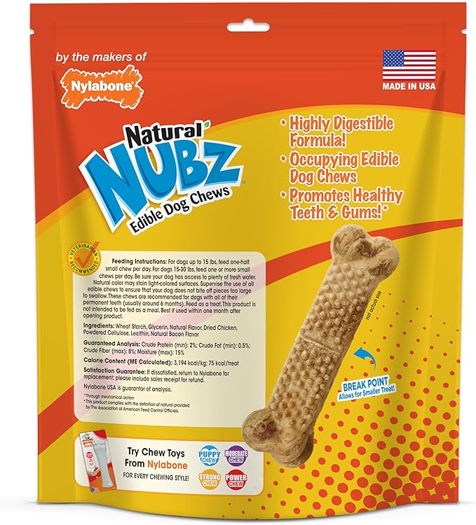 Nylabone Nubz Natural Edible Dog Chew Treats for Small Dogs, Long Lasting Dog Bones Made in USA, Chicken Flavor Dental Chews, for Dogs Up to 25 lbs. (36 Count)