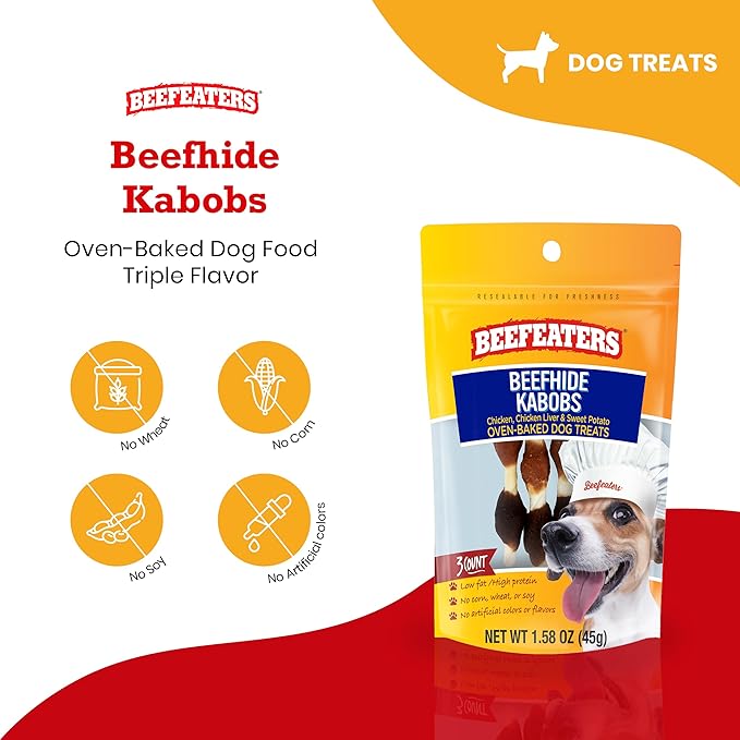 Beefeaters Beefhide Kabobs 1.58oz – (12 Pack) Dog Treat. Triple Flavor with Real Chicken, Liver & Sweet Potato, Long-Lasting Chew, Supports Dental Health, Ideal for Training