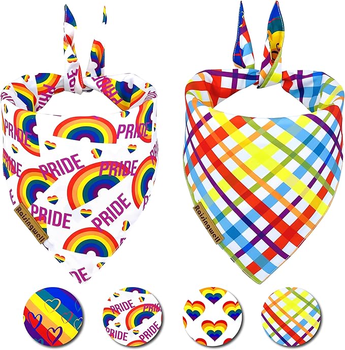 Pride Dog Bandanas 2 Pack, 4 Pattern Reversible LGBTQ+ Rainbow for Boy and Girl, Premium Long-Lasting Fabric, Summer Triangle Scarf for Small to Medium Breed Dogs (Small)
