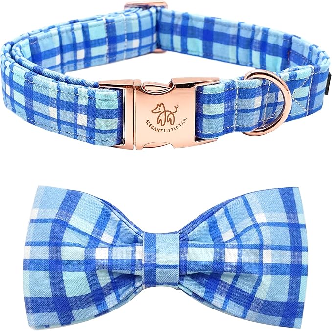 Elegant little tail Dog Collar with Bow - Blue Plaid Boy Dog Collar Cute Bowtie Pet Collar Adjustable Dog Collar for Small Puppy and Dog