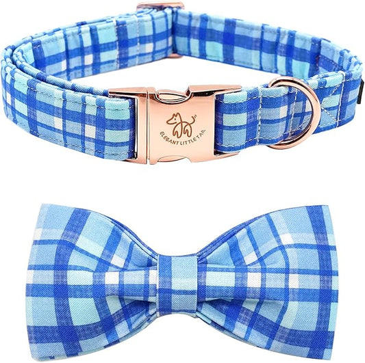 Elegant little tail Dog Collar with Bow - Blue Plaid Boy Dog Collar Cute Bowtie Pet Collar Adjustable Dog Collar for Small Puppy and Dog