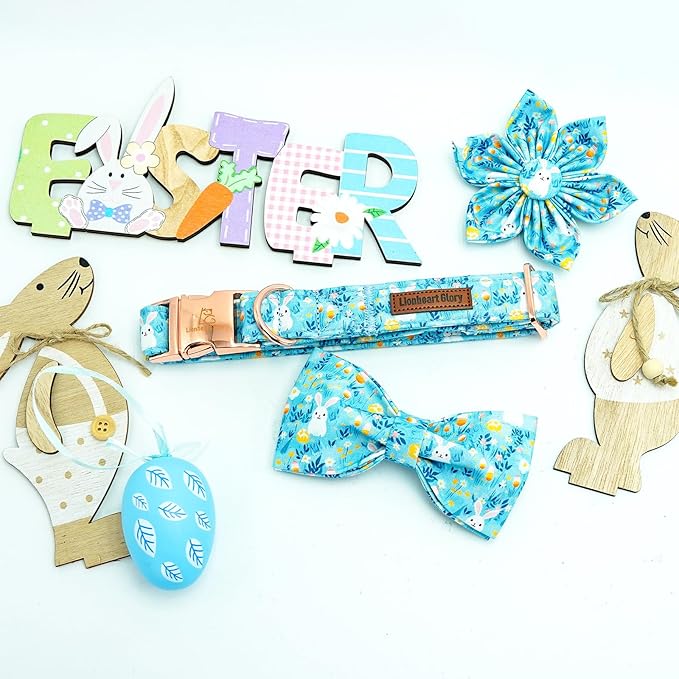 Lionheart glory Dog Bow Collar Easter Day Dog Collar for X-Small Dogs,Easter Rabbits Colorful Dog Collars with Bowtie Spring Bunnies Blue Collars Puppy Collar Bows