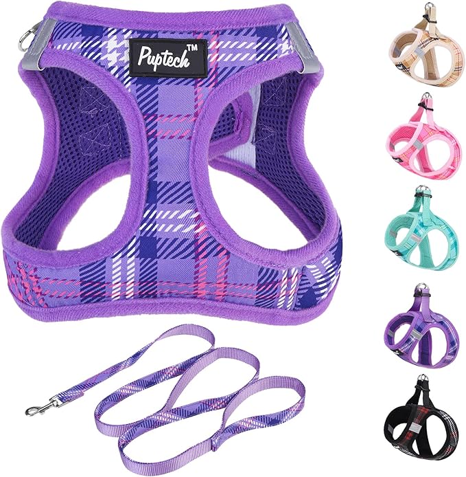 PUPTECK Dog Harness and Leash Set for Small Medium Dogs No Pull Step-in Soft Mesh Puppy Cat Vest Harnesses Reflective at Night, Plaid Pattern Purple L