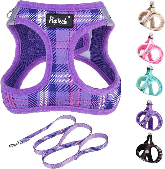 PUPTECK Dog Harness and Leash Set for Small Medium Dogs No Pull Step-in Soft Mesh Puppy Cat Vest Harnesses Reflective at Night, Plaid Pattern Purple L