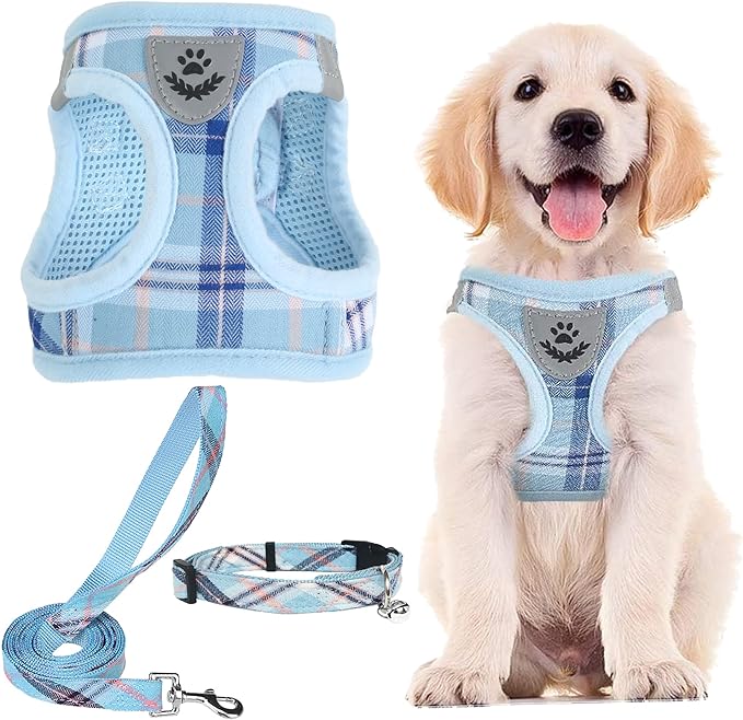 PUPTECK Adjustable Dog Harness Collar and Leash Set Step in No Pull Pet Harness for Small Medium Dogs Puppy and Cats Outdoor Walking Running, Soft Mesh Padded Reflective Vest Harnesses, Blue XS