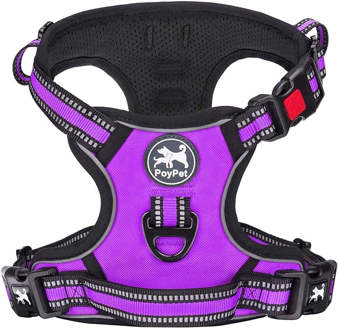 PoyPet No Pull Dog Harness, [Release on Neck] Reflective Adjustable No Choke Pet Vest with Front & Back 2 Leash Attachments, Soft Control Training Handle for Small Medium Large Dogs(Purple,S)