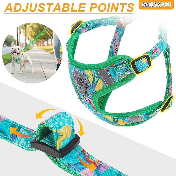 BEAUTYZOO Dog Harness Collar and Leash Set, No Pull Step in Pet Harness for Small Sized Dogs, Adjustable No Escape Puppy Vest Harnesses Outdoor Walking Running, Soft Reflective Vest, Green XS