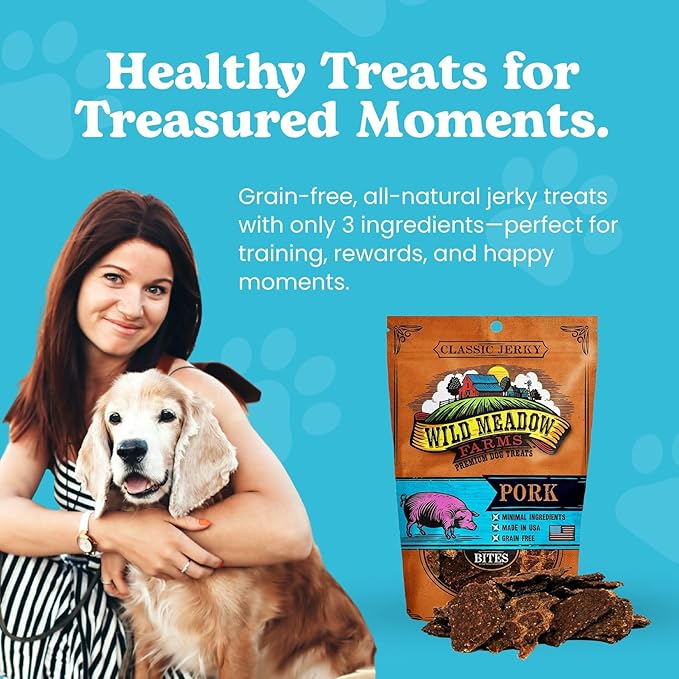 Wild Meadow Farms - Classic Pork Bites, Soft Jerky Treats for Dogs, Grain-Free & All-Natural, Ideal for Training, Portioning, and High-Value Rewards for All Breeds & Ages - 3.5 Ounce Pouch