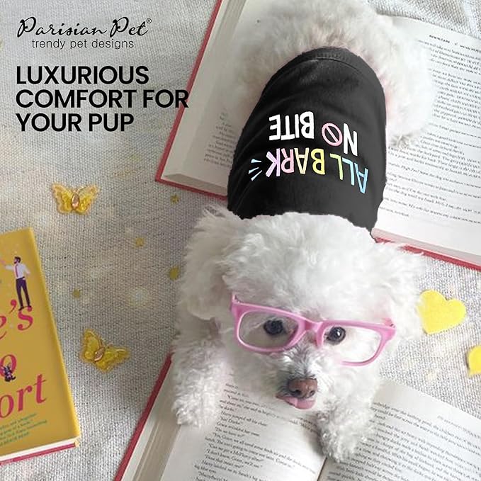 Parisian Pet Dog T-Shirt - Embroidered ' All Bark No Bite ' 100% Cotton, Doggy Clothes - Sleeveless Pet Vest - Machine Washable Shirt for Large Dogs - 3XL