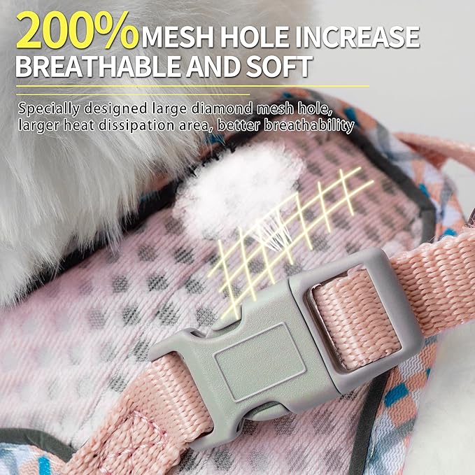 Step in Dog Harness and Leash Set, No Pull Escape Proof Vest Harness with Soft Diamond Mesh and Reflective Bands, Adjustable Pet Outdoor Harnesses for Medium Size Dogs Pearl Pink M