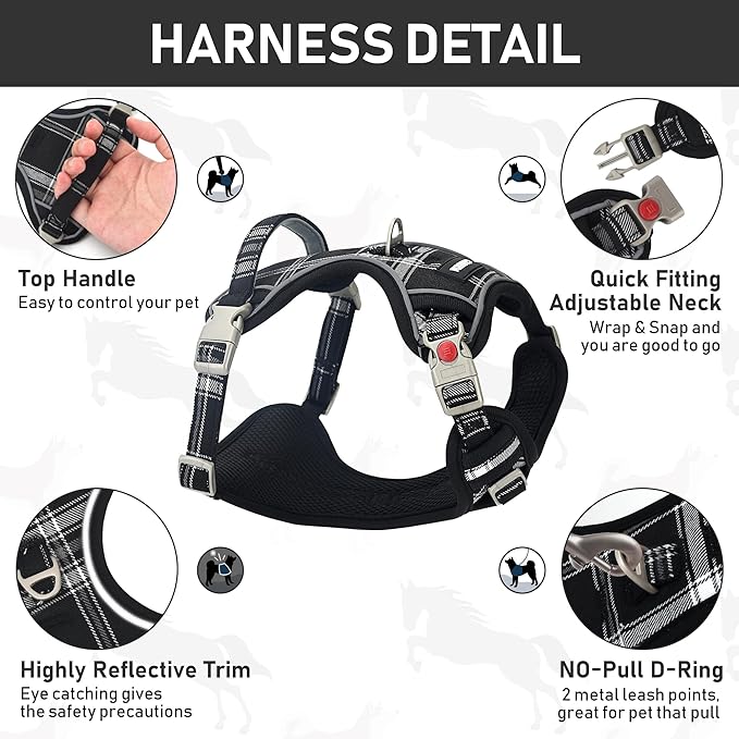 GAMUDA Dog Harness Collar and Leash Set, Horse Care Sheets, No Chock No Pull Adjustable Vest Harnesses Plaid Reflective for Medium Dog, Cat, Small Horse, Small Bull and Pig (Black, L)