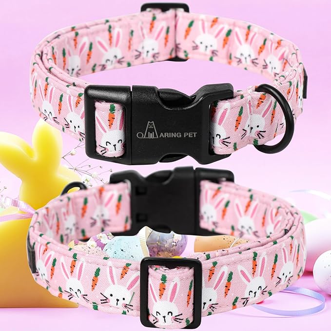 ARING PET Easter Dog Collar-Cute Pink Rabbit Dog Collars, Adjustable Cotton Carrot Pet Collar Puppy Collars with Quick Release Buckle
