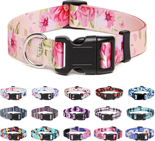 Adjustable Dog Collar with Patterns, Ultra Comfy Soft Nylon Breathable Pet Collar for Small Medium Large Dogs (L, Rose)