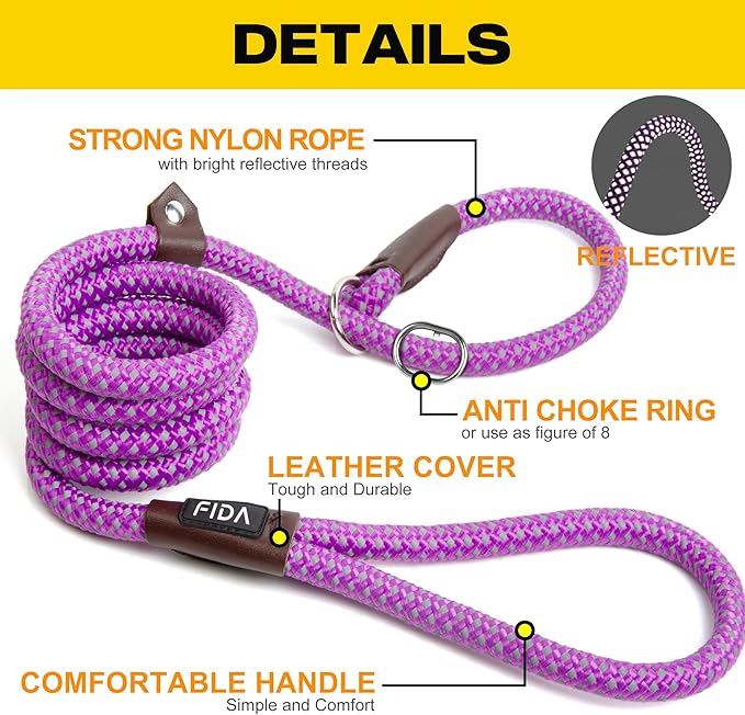Fida Durable Slip Lead, 6 FT x 1/2" Heavy Duty Rope Leash for Large, Medium Dogs, No Pull Pet Training Leash with Highly Reflective, Purple