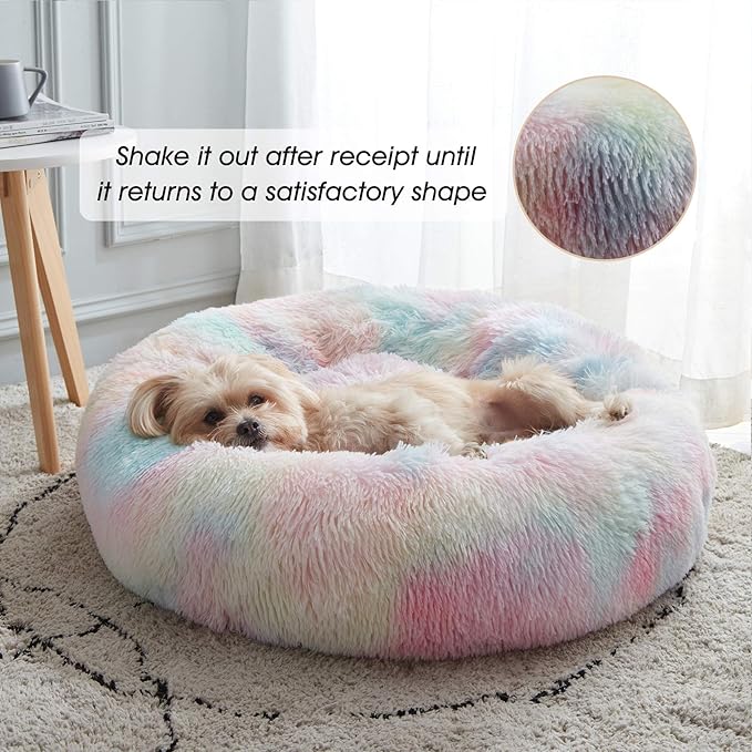 WESTERN HOME WH Calming Dog & Cat Donut Cuddler, Anti-Anxiety Warming Cozy Soft Round Bed, Fluffy Faux Fur Plush Cushion for Small Medium Dogs and Cats (20"/24"/27"/30")
