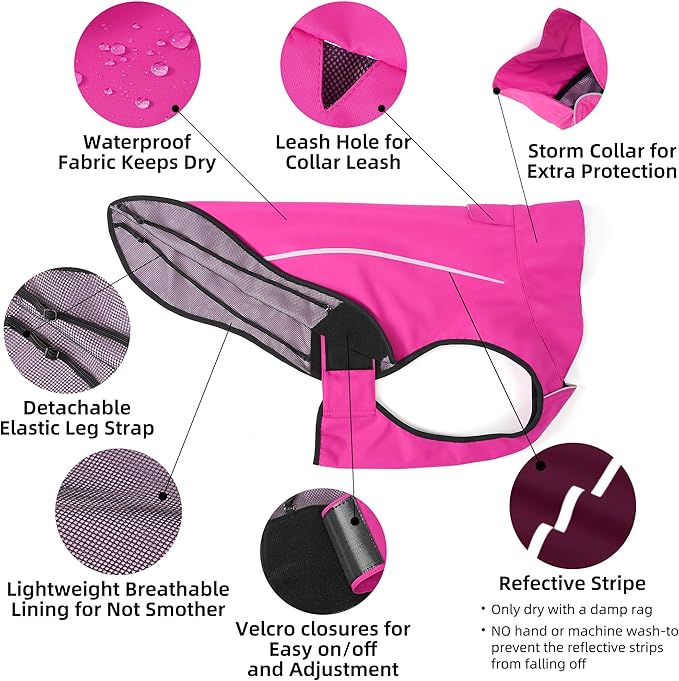 Mile High Life Dog Raincoat, Adjustable Waterproof Reflective Rain Jacket for Small Medium Large Dogs, Lightweight Breathable Pet Rain Coat with Leash Hole(Hot Pink,L Chest 32-40")