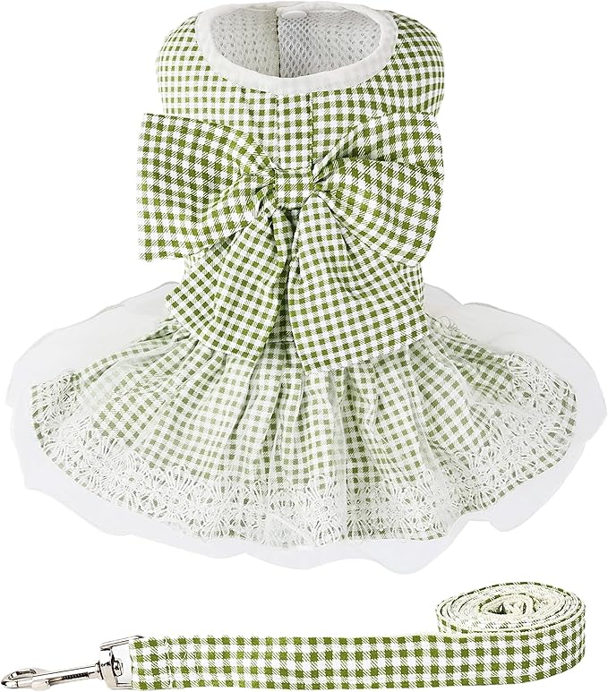Dog Dress Plaid with Bowknot Cute Dress for Small Dog Cat Puppy Outfits with Harness Leash（ Green，Medium ）