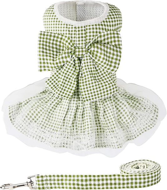 Dog Dress Plaid with Bowknot Cute Dress for Small Dog Cat Puppy Outfits with Harness Leash（ Green，X-Small ）