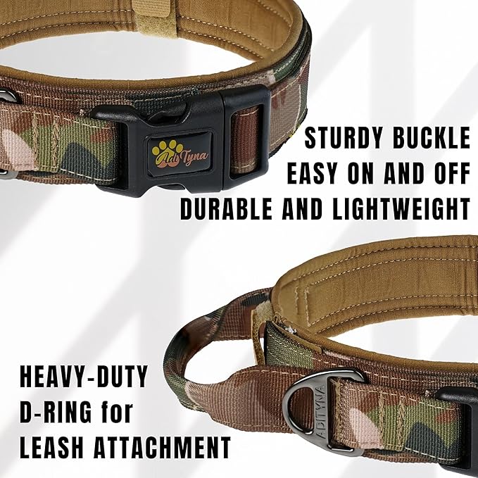 ADITYNA Tactical Dog Collar for Medium Dogs - Soft Padded, Heavy Duty, Service, Adjustable, Military, K9 Camo Medium Collar with Handle for Training and Walking