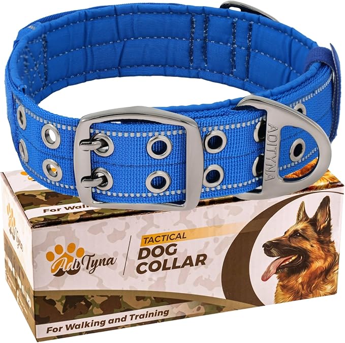 ADITYNA Heavy Duty Dog Collar for Medium Dogs - Reflective Blue Collar with Handle for Training, and Walking - Wide, Thick, Tactical, Soft Neoprene Padded