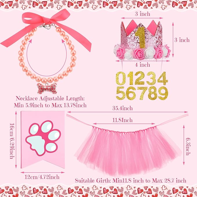 Maitys 13 Pcs Dog Birthday Party Supplies Cute Dog Girl Bandanas Set Pink Tutu Skirt Puppy Crown Hat Pearl Necklace Happy Birthday Banner 9 Pink Woof Paw Balloons Toy for Puppy Pet Cat