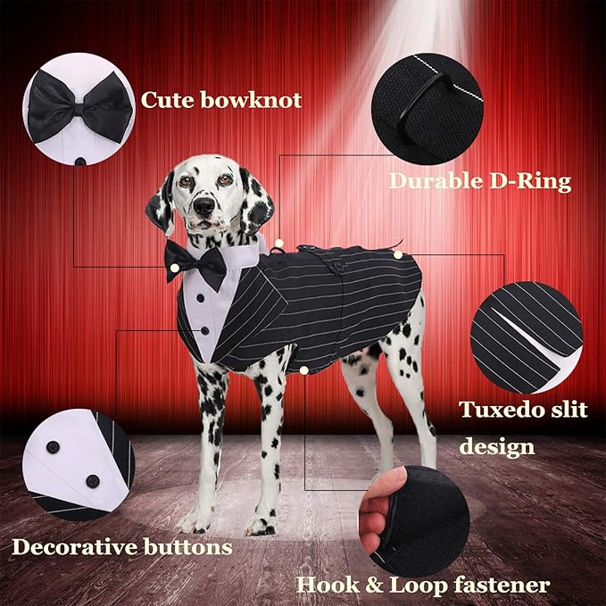 QBLEEV Tuxedo for Large Dogs, Suit and Bandana Set, Wedding Outfit With Bow Tie, Formal Tux Costume for Halloween Christmas Birthday Party Cosplay, Stripe L
