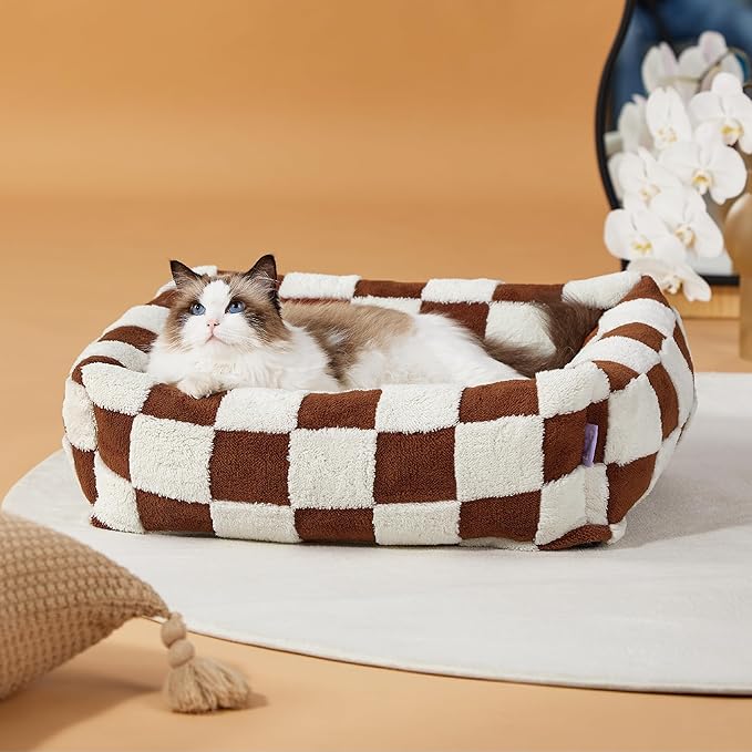 Lesure Cute Dog Bed for Small Dogs & Cats- Washable Puppy Beds,Cozy Rectangle Orthopedic Pet Sofa with Jacquard Shaggy Plush & Anti Slip Bottom,20x19x6inches