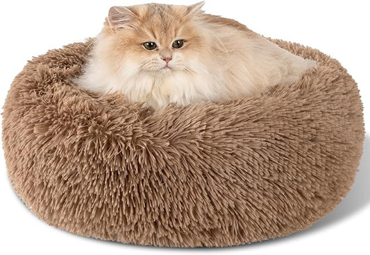 Dog Calming Beds for Small Medium Large Dogs - Round Donut Washable Puppy Dog Bed, Anti-Slip Faux Fur Fluffy Donut Cuddle Anxiety Cat Pet Bed(16'' Khaki