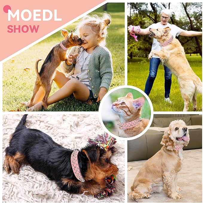 PETCARE Spiked Dog Collar Pink Soft Pu Leather Funny Mushrooms Rivet Spike Studded Puppy Collar Adjustable Outdoor Pet Dog Collar for Small Medium Large Dogs Cats Chihuahua Pug Pit Bull Dog Collars