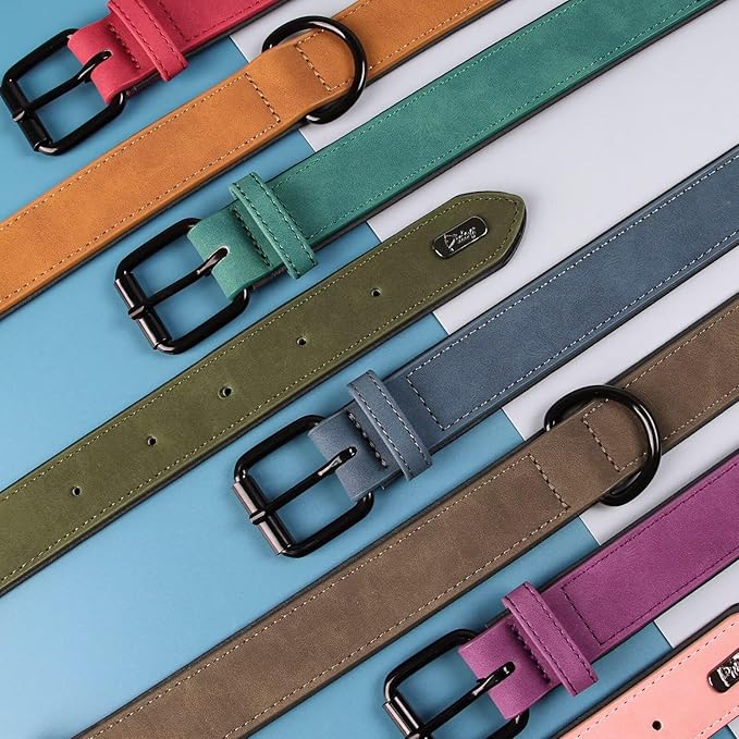Didog Soft Padded Leather Dog Collar, Breathable Heavy Duty Dog Collar Faux Leather with Adjustable Rust-Proof Metal Buckle for Small Medium Large Dogs, Dark Green, L Fit Neck 13-17"(22-44 lbs)