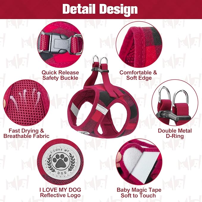 BEAUTYZOO Small Dog Harness and Leash Set,Step in No Choke No Pull Soft Mesh Dog Harnesses Reflective for Extra-Small Medium Puppy Dogs and Cats, Plaid Dog Vest Harness for XS S Pets, Red, XS