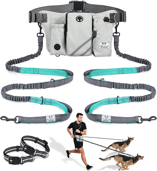 SHINE HAI Retractable Hands Free Dog Leash with Dual Bungees for 2 Dogs, Adjustable Waist Belt, Reflective Stitching Leash for Running Walking Hiking Jogging Biking Black - Gray