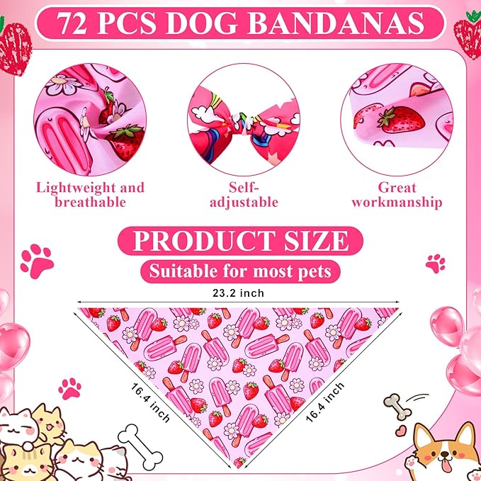 72 Pcs Girl Dog Bandanas Bulk Summer Triangle Scarf Colorful Pink Cat Bibs Puppy Scarf Paw Pet Bandanas for Puppy Cat Birthday Party Costume
