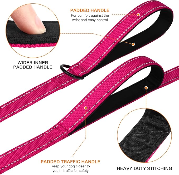 Joytale Dog Leash Heavy Duty for Large Dogs That Pull, Double Handle for Traffic Control, Double-Sided Reflective Leashes for Large Medium Dogs Night Safety, 4FT, Hot Pink