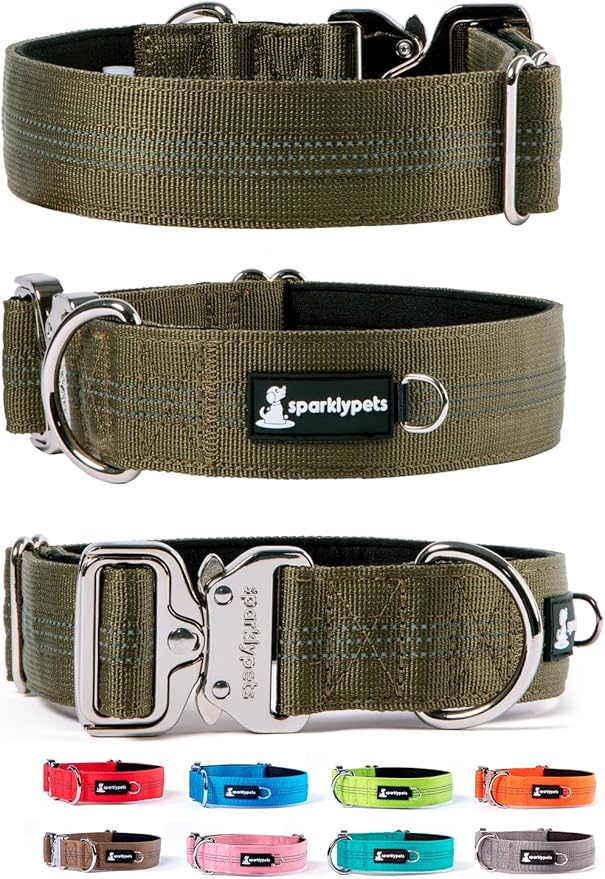 SparklyPets Heavy Duty Wide Dog Collar with Quick Release Chrome Buckle – Thick Tactical Dog Collar with Reflective Stripes & Soft Lining – for Large & Medium Breeds