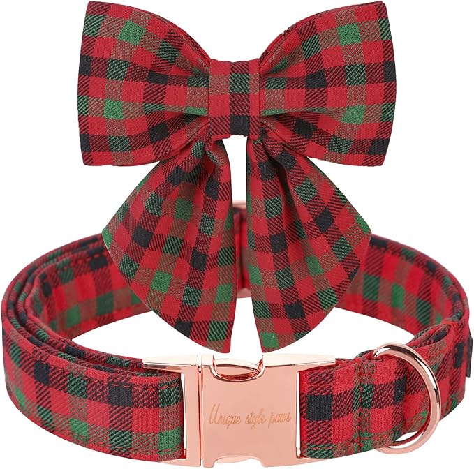 Unique style paws Christmas Dog Collar with Bow Tie Black Red Green Plaid Puppy Collar for Small Medium Large Dogs as Autumn Winter Pet Gifts-XL
