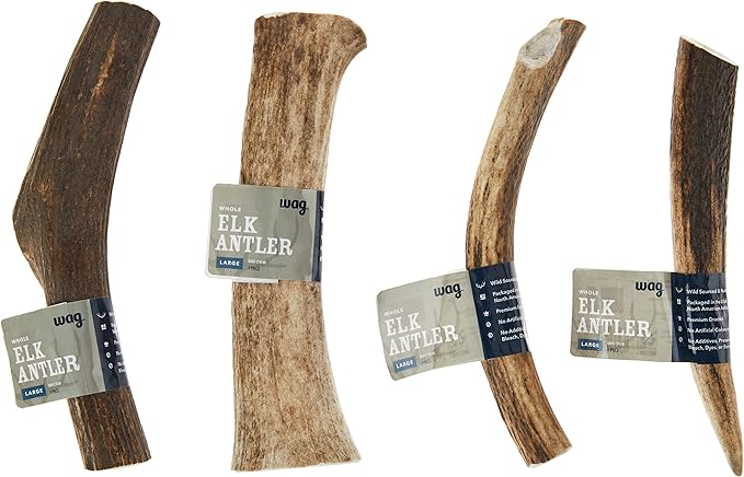 Amazon Brand - Wag Dog Elk Antler Chew, Naturally Shed, Whole, Large 8-9.5 inches, Long Lasting for Aggressive Chewers, Best for Dogs 30-45 lbs, 3.60 Ounce (Pack of 1)