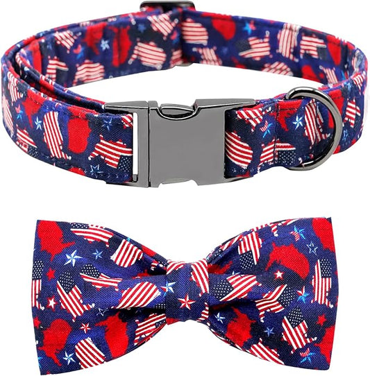 Dog Collar, 4 of July Independence Day American Flag Dog Bow Collar Boy Pet Collar Bowtie Duarble Puppy Collars for Small Medium Large Dog