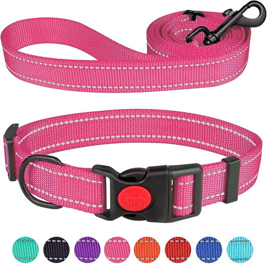 Reflective Dog Collar and Leash Set with Safety Locking Buckle Nylon Pet Collars Adjustable for Small Medium Large Dogs 3 Sizes(Hotpink&S)