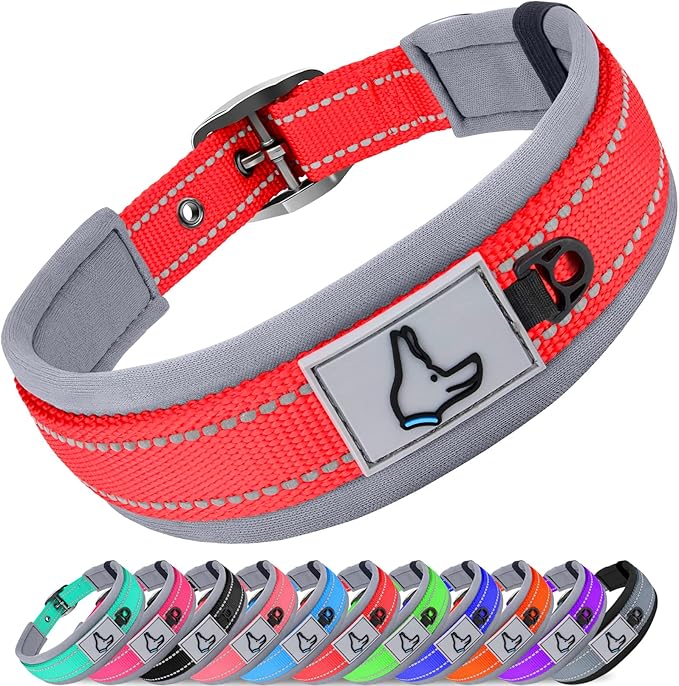 Joytale Dog Collar for Medium Dogs, Neoprene Padded and Adjustable, Reflective Wide Heavy Duty Pet Collars with Durable Metal Belt Buckle for Walking, Red, M