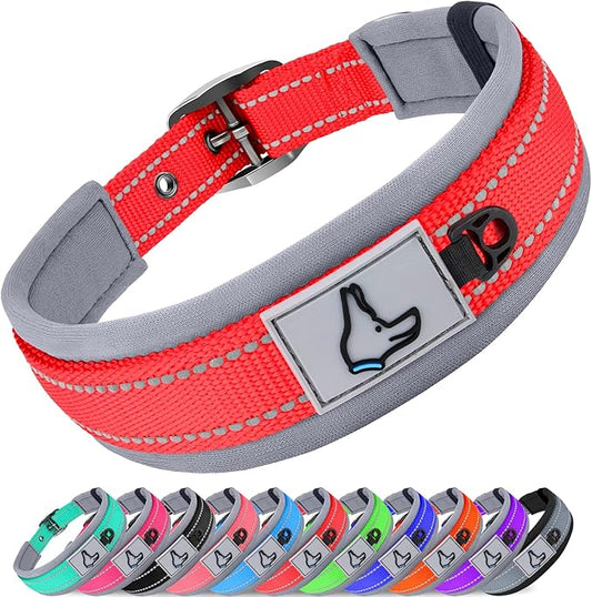 Joytale Dog Collar for Medium Dogs, Neoprene Padded and Adjustable, Reflective Wide Heavy Duty Pet Collars with Durable Metal Belt Buckle for Walking, Red, M