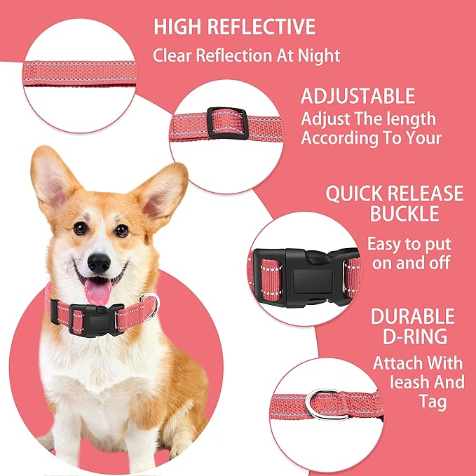 Reflective Dog Collar with Safety Locking Buckle, Adjustable Soft Breathable Nylon Collars for Small, Medium and Large Dogs(Collar+Leash S Width 3/4" Pink)