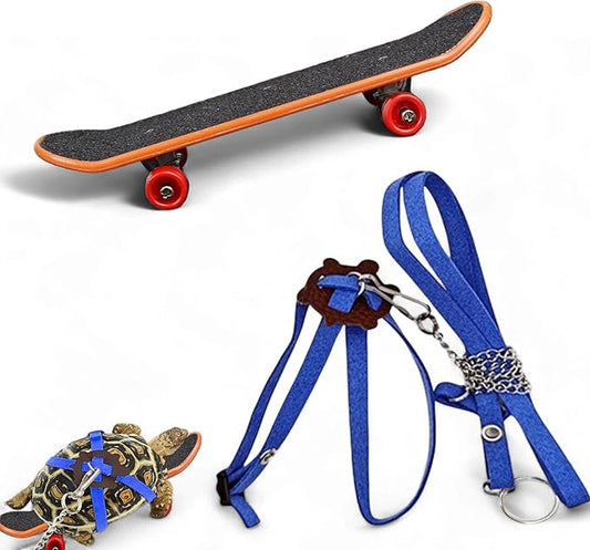 Tortoise Harness and Leash with Toy Skateboard for Turtle set, Funny Tortoise Skateboard and Adjustable Leather Harness Leash, Training Skateboard and Turtle Harness Leash Pet Tortoises Toys (Blue, S)