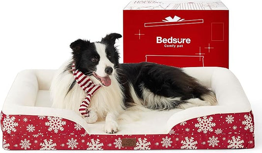 Bedsure Orthopedic Dog Beds Large Sized Dog - Washable Large Dogs Bed Waterproof, Big Comfort Pet Couch with Washable Removable Cover, Supportive Foam Pets Sofa with Nonskid Bottom, Amber Noel-Red