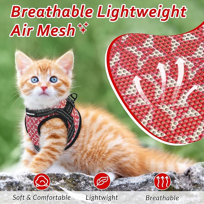 Cat Harness and Leash Escape Proof for Walking, Safe Adjustable Medium Kitten Vest Set with Reflective Strip for Kitty, Easy Control Comfortable Soft Outdoor Pet Harnesses, Red, Medium