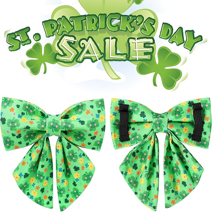 St. Patrick's Dog Collar with Bow Tie, Cotton St. Patrick's Bowtie Collar for Girl Boy Dog, Lucky Shamrock Dog Collar with Metal Buckle, Green, Spring, XS